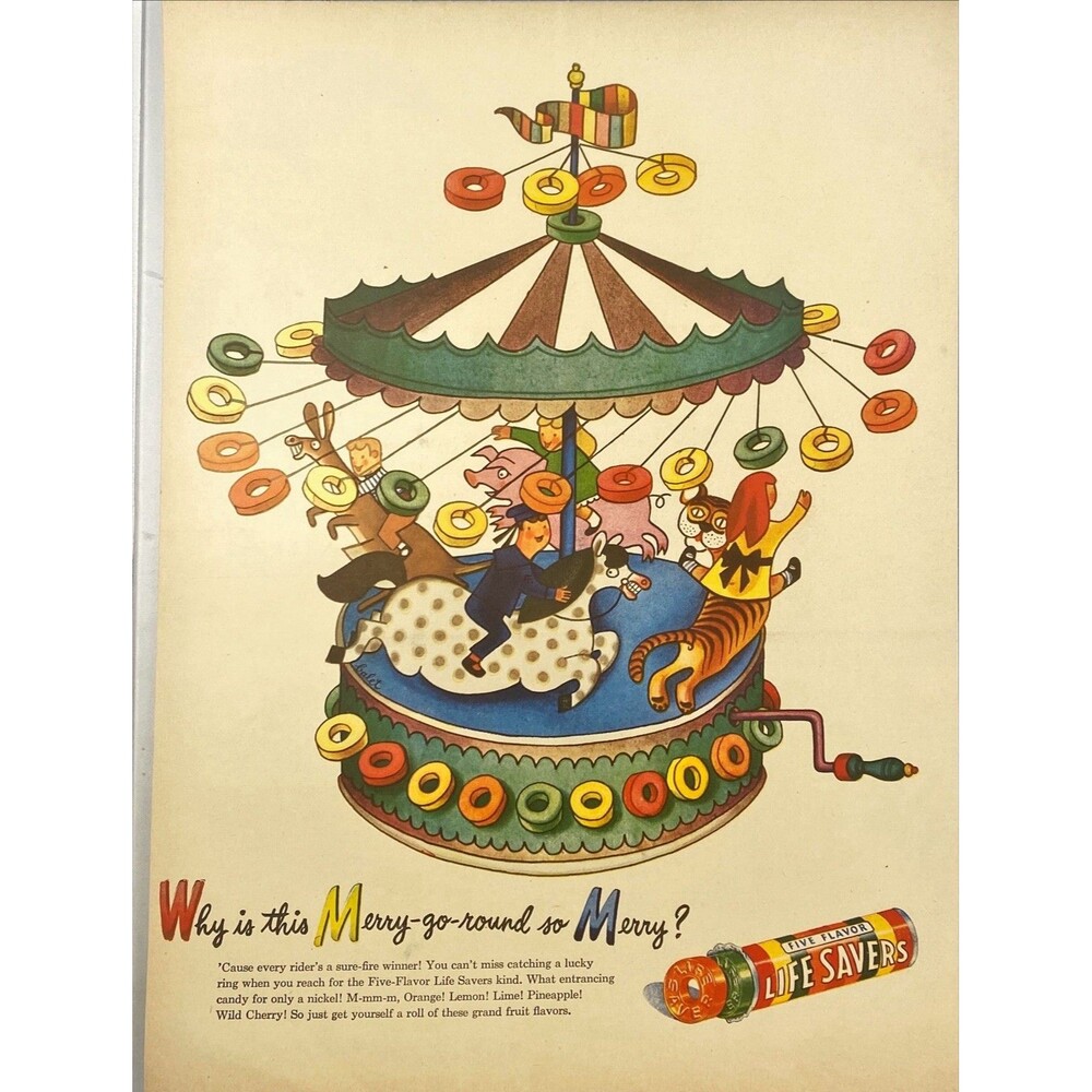 Life Savers "Merry-go-round So Merry" Illustration Vintage Print Ad 1946